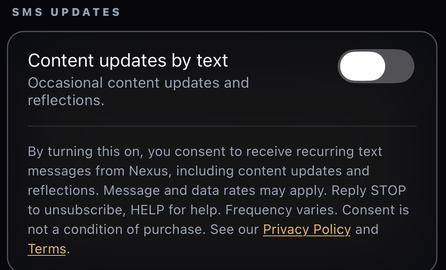 The SMS Updates section of Nexus app settings, showing the Content updates by text toggle in its default off position, with the full consent disclosure beneath it.